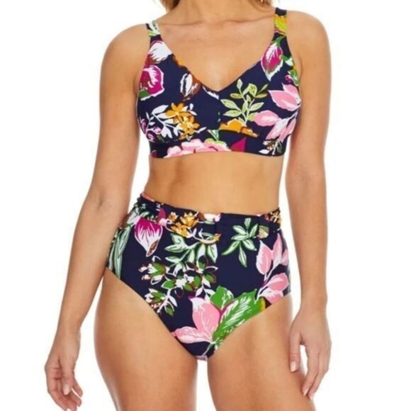 Anne Cole Signature Tropical Bloom Belted High-Waist Bikini Bottom- Blue, Large - Picture 3 of 12